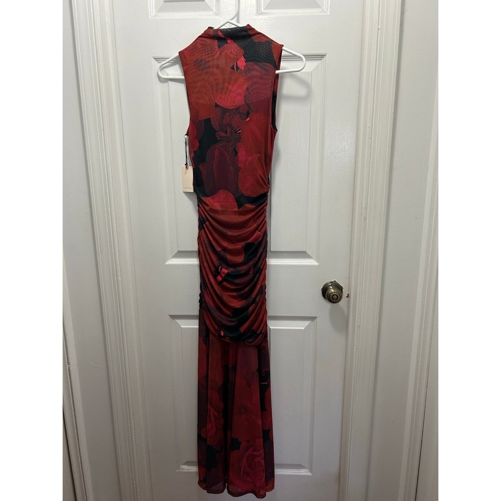 Sincerely Jules Ruched Orchid Floral Mesh Black/Red Mock Neck Maxi Dress - Small